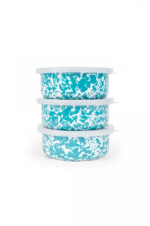 Three stacked containers with blue and white splatter pattern on a white background