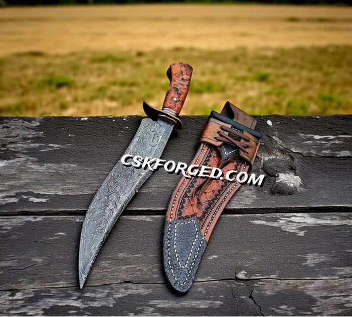 Stormbreaker Damascus Bowie With Custom Leather Pouch cskforged