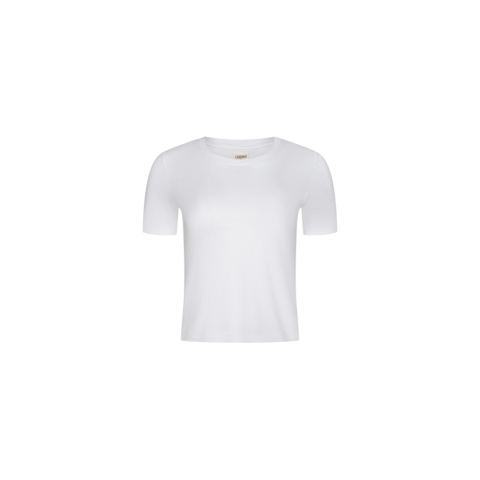 Stormy Cropped Cotton Tee in plain white, displayed on a white background. This short-sleeve crew neck top offers a semi-relaxed fit and is crafted from organic cotton, shown centered with no visible logos, patterns, or additional design elements.