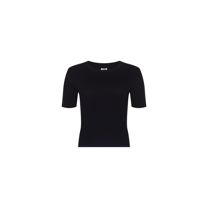 The Stormy Cropped Cotton Tee, featuring a plain black organic cotton design with a semi-relaxed fit and cropped length, is centered on a white background and displayed from the front.