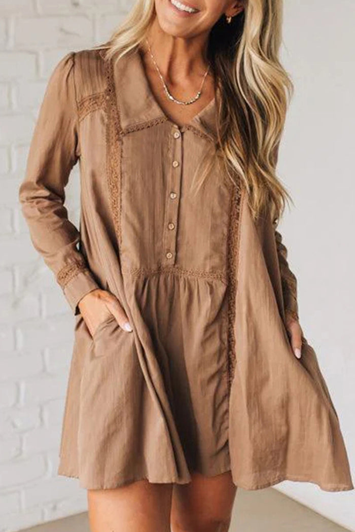 Straw Yellow Lace Trim Peter Pan Collar Long Sleeve Mini Shirt Dress Shewin