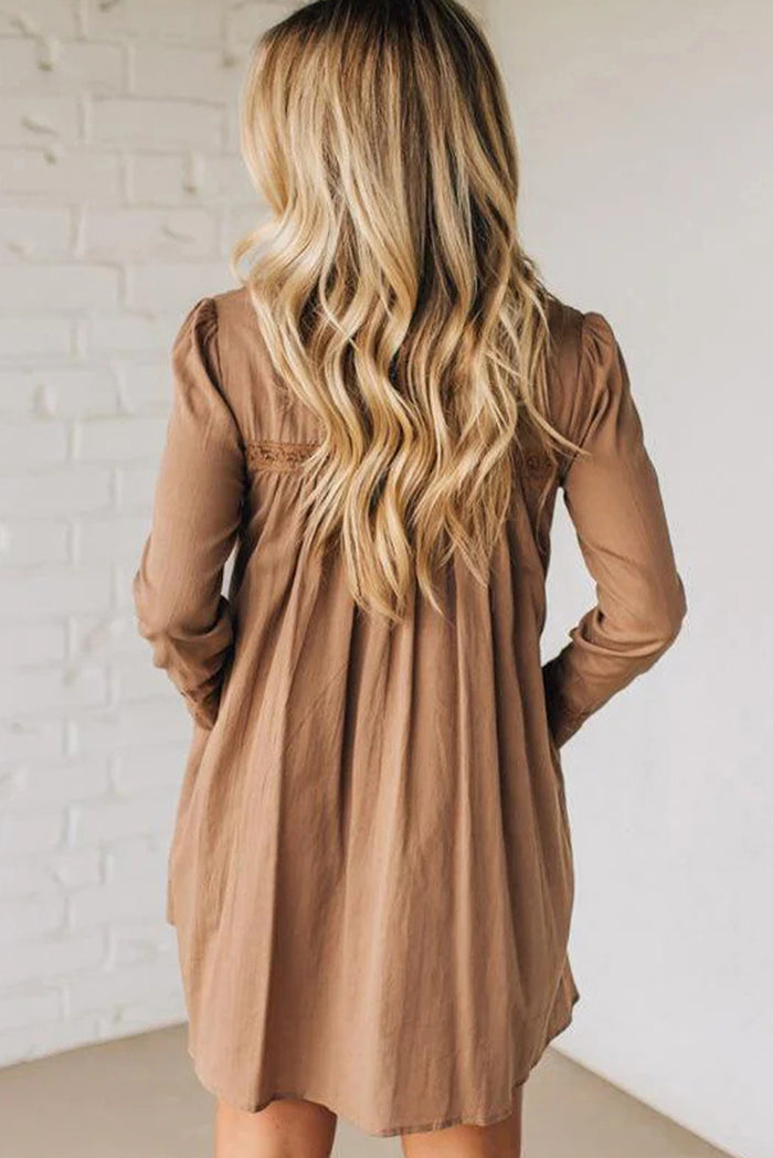 Straw Yellow Lace Trim Peter Pan Collar Long Sleeve Mini Shirt Dress Shewin