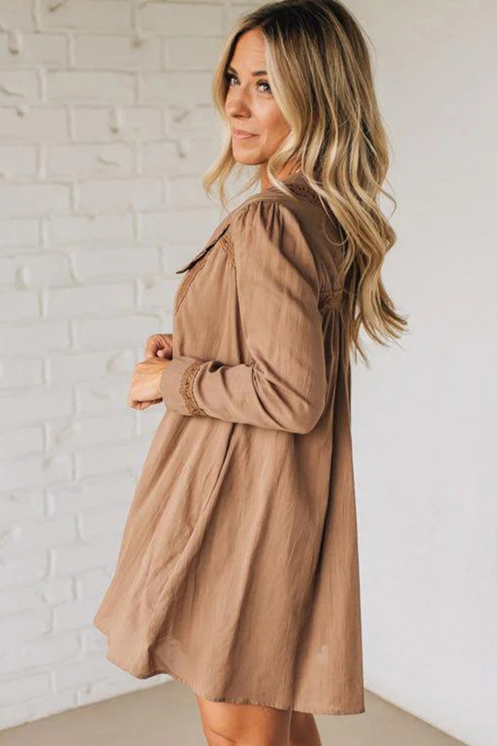 Straw Yellow Lace Trim Peter Pan Collar Long Sleeve Mini Shirt Dress Shewin