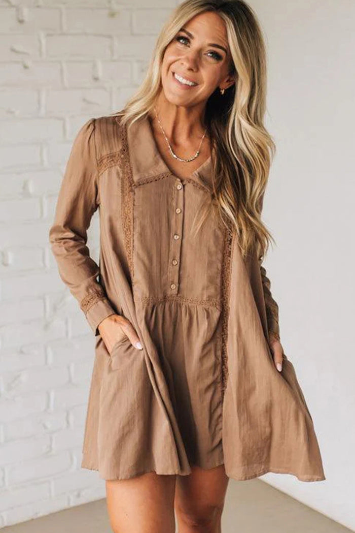 Straw Yellow Lace Trim Peter Pan Collar Long Sleeve Mini Shirt Dress Shewin