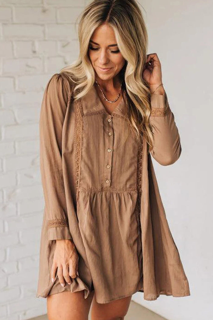 Straw Yellow Lace Trim Peter Pan Collar Long Sleeve Mini Shirt Dress Shewin