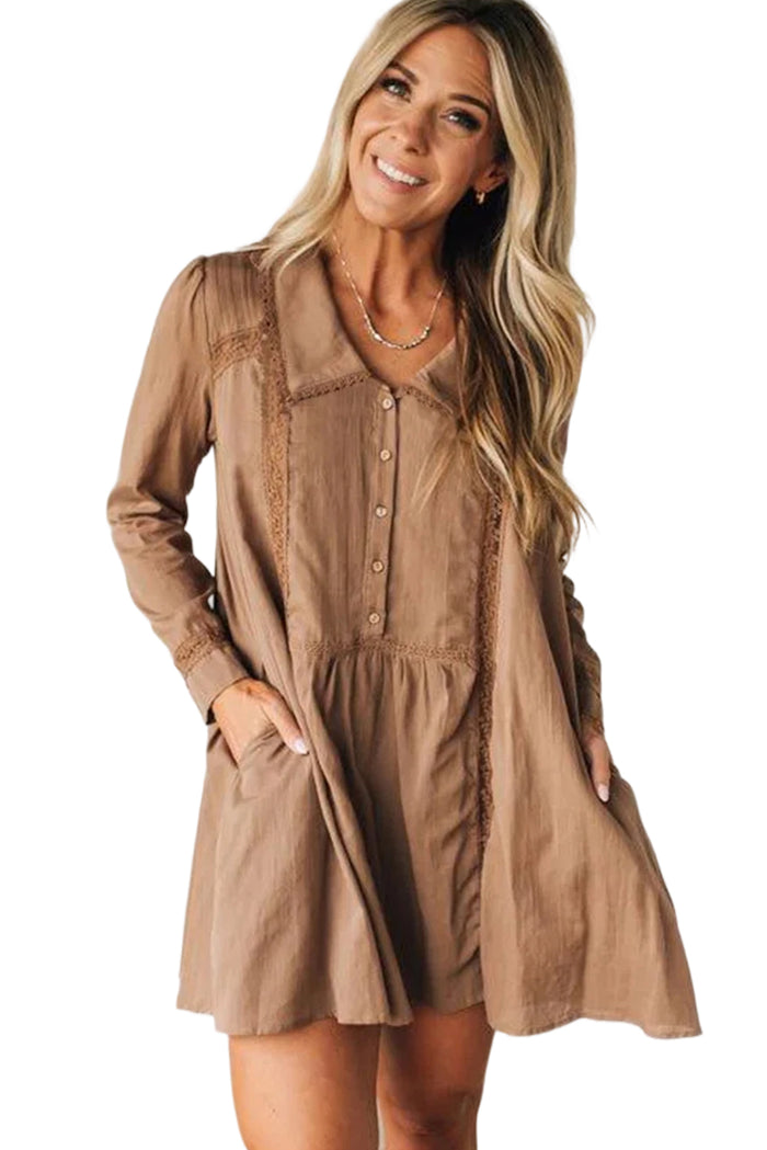 Straw Yellow Lace Trim Peter Pan Collar Long Sleeve Mini Shirt Dress Shewin
