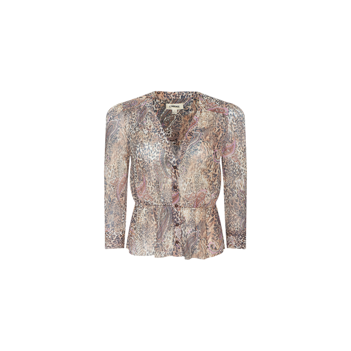 The Suri Top is a long-sleeve, button-up blouse showcasing a paisley animal print in neutral and muted earth tones. Made from lightweight poly chiffon, it features a V-neckline and a slightly flared hem.