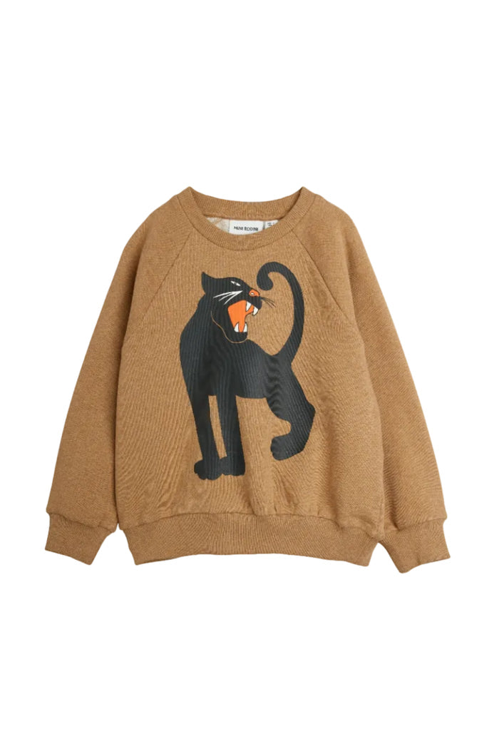 A tan crewneck sweatshirt featuring a large black panther graphic on the front with a bright orange tongue, shown against a plain white background.