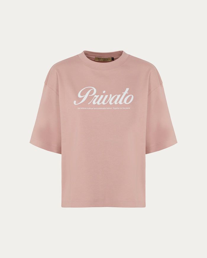 T-shirt rosa con logo e maniche scese