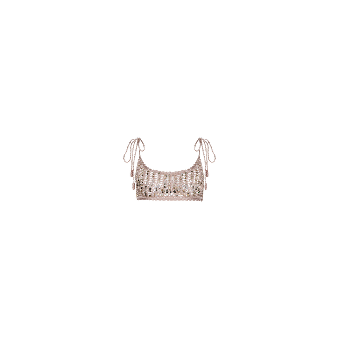 The Taline Crocheted Bralette is a handmade summer top featuring a cropped silhouette, square neckline, and spaghetti tie straps. Accented with metallic sequins for a touch of shimmer, this bralette is displayed against a plain white background and makes a stylish addition to your warm-weather wardrobe.
