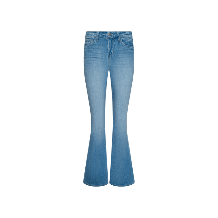 Taney Low-Rise Flare Jean in a light indigo wash, featuring front pockets and a button-and-zipper closure, displayed on a plain white background.