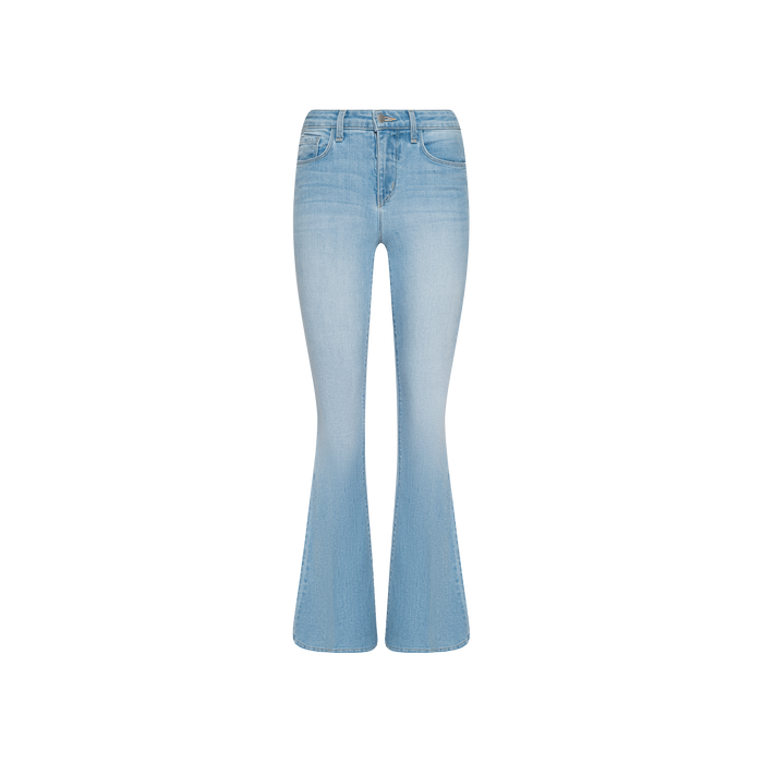 Taney Low-Rise Flare Jeans in light blue, crafted from stretch denim with a faded wash effect. These jeans feature front and back pockets and a button and zip closure, displayed on a plain white background.
