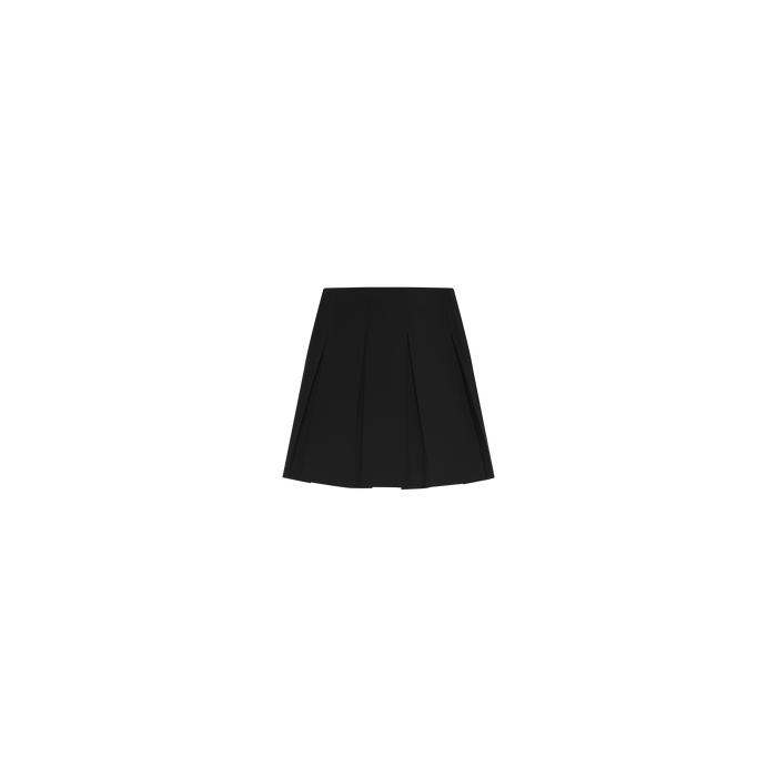 The Tania Pleated Mini Skirt, crafted from stretch suit fabric in black, is centered on a plain white background.