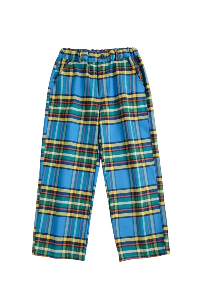 Blue plaid trousers with green, yellow, and red stripes, featuring an elastic waistband and side pockets, shown flat on a white background.