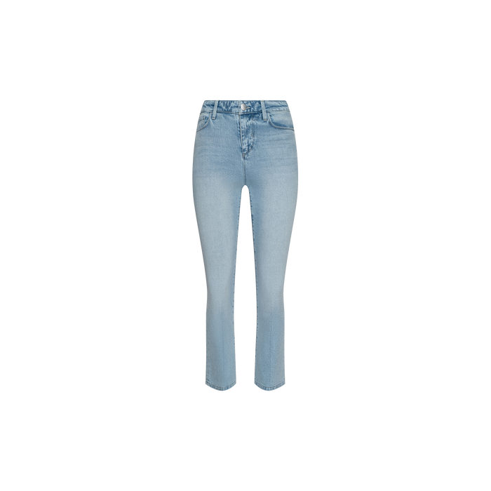 The Tati Cropped Micro Boot Jean in light blue features a high-waisted fit crafted from stretch denim, with front and back pockets, belt loops, and a button and zipper closure, displayed on a plain white background.