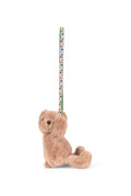 Brown teddy bear bag with a long floral strap set against a white background