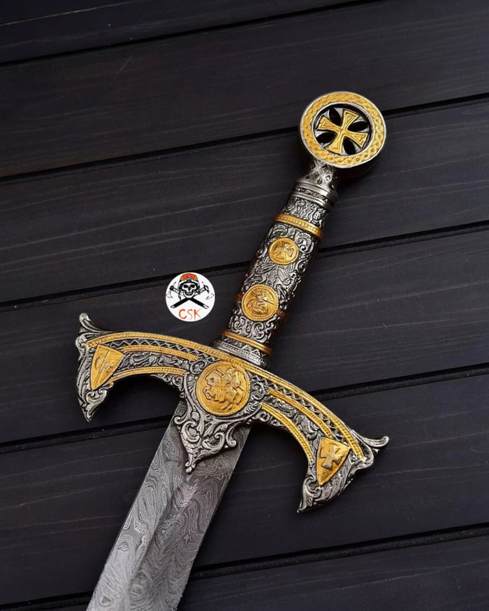 Templar Knights Sword Damascus Steel Crusader Sword Custom Hand Forged Blade cskforged