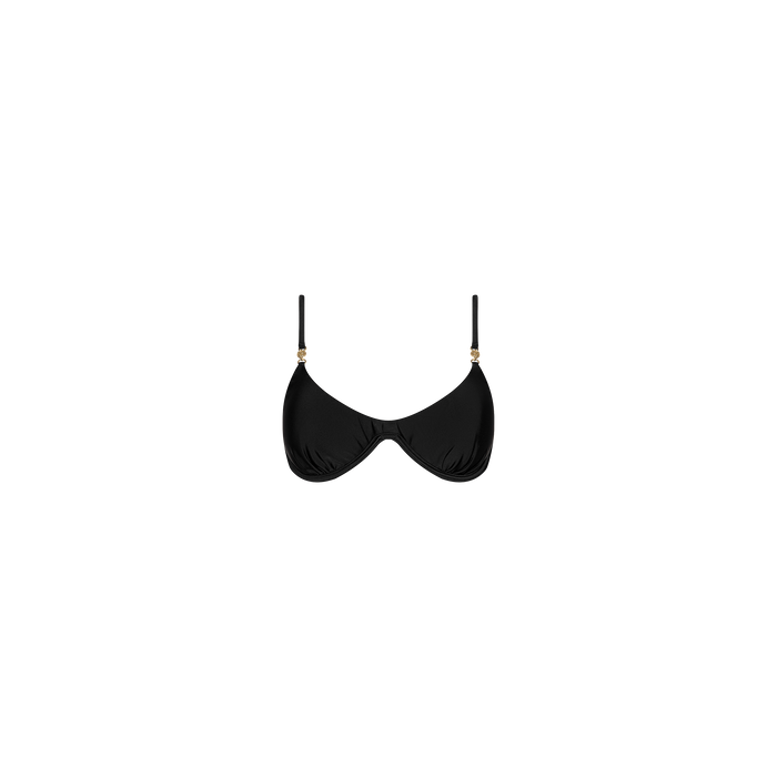 The Tenali Bikini Top is a black underwire bikini top featuring thin adjustable straps with gold accents on each strap, styled in a classic bra bikini top design and displayed against a plain white background.