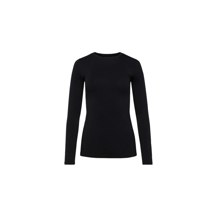 The Tess Long Sleeve Tee is a black long-sleeve crew neck top made from soft microfiber fabric, shown from the front on a white background with no visible logos or designs.