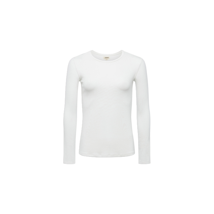 The Tess Long Sleeve Tee is a slim-fit crew neck top in plain white, crafted from soft microfiber jersey and perfect as a versatile layering piece, shown against a white background.