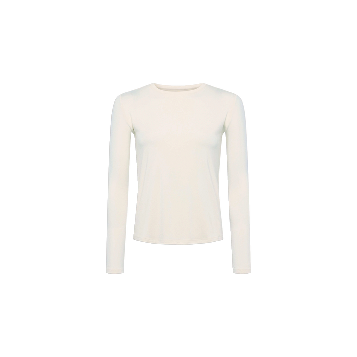 Introducing the Tess Long Sleeve Tee—a slim fit, long sleeve top crafted from soft rayon jersey, featuring a classic crew neck in plain white, beautifully showcased against a white background.