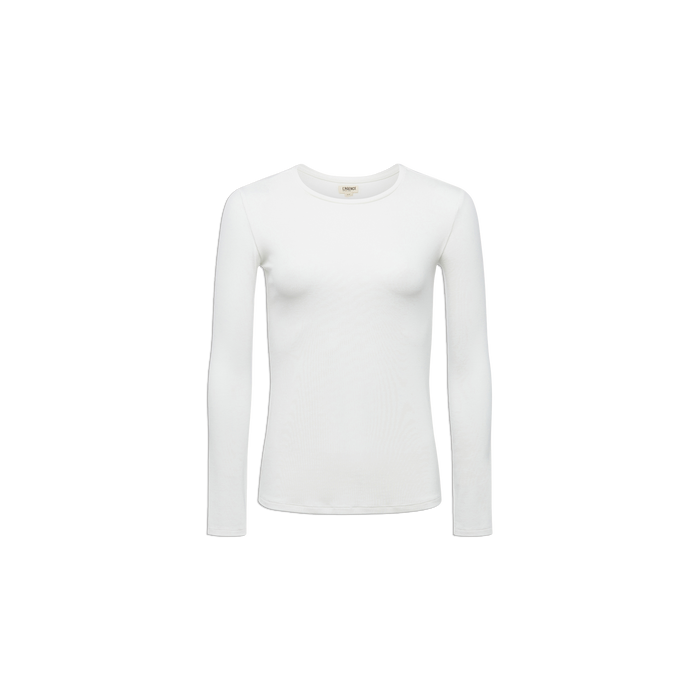 The Tess Long Sleeve Tee, shown against a white background, is a slim-fit top in plain white with long sleeves and a matching crew neck. Made from ribbed micro modal, it delivers a sleek and comfortable silhouette.