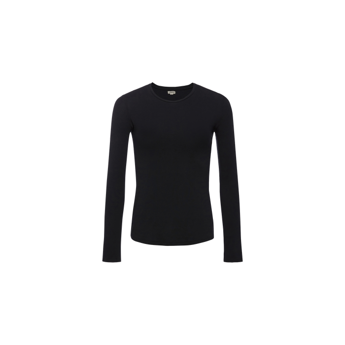 The Tess Long Sleeve Tee is displayed against a white background. Crafted from soft, ribbed micro modal, this plain black top features a crew neckline and a slim, streamlined fit with no visible logos or patterns.