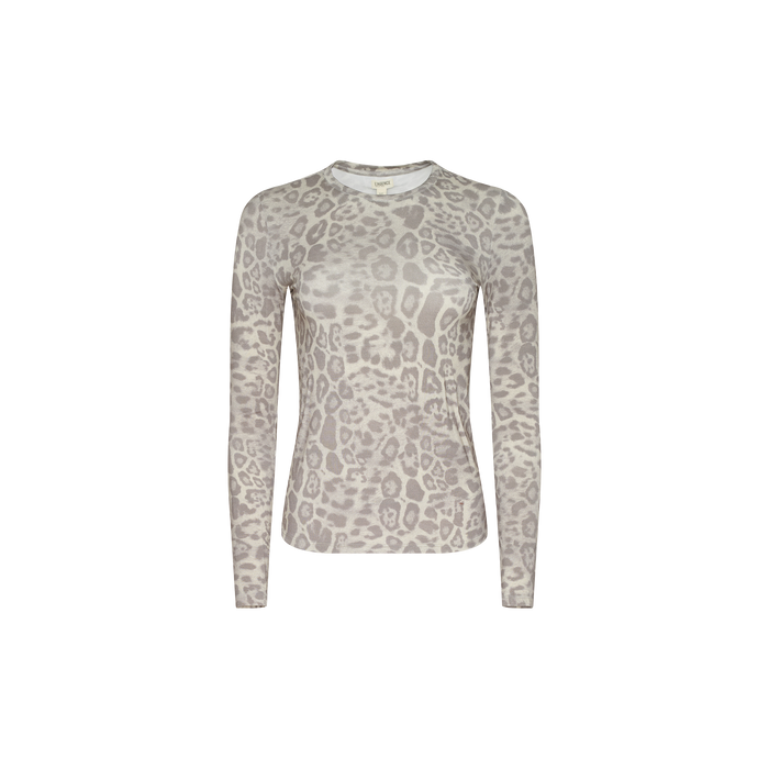Tess Long Sleeve Tee in a slim fit, featuring a light gray and beige leopard print pattern, displayed on a plain white background.