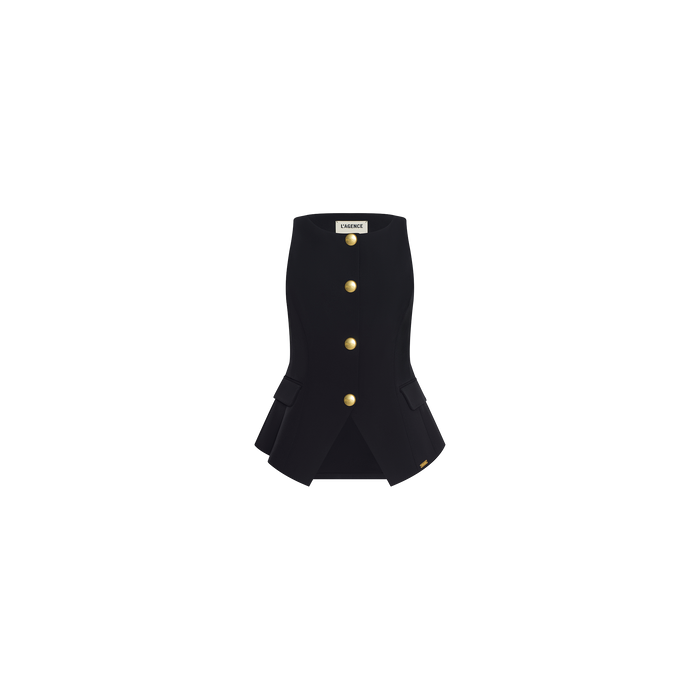 The Tessa Vest is a sleeveless black suit vest crafted from stretch suit fabric, featuring gold buttons, front pockets, and a TOM FORD label at the neck, displayed on a plain white background.