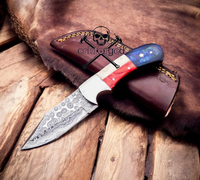Texas Flag Handle Damascus Raindrop Blade Hunting Knife cskforged