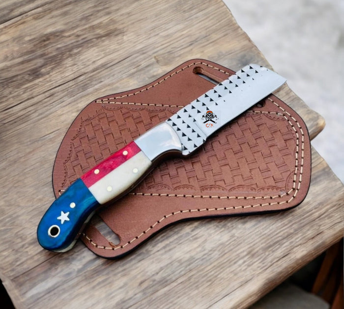 Texas Rasp Steel Cowboy Bull Cutter Knife 3.25” Blade - Patriotic Exotic Wood & Bone Handle cskforged