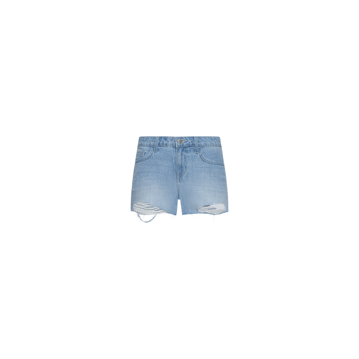 The Teya Low-Rise Jean Short features a light blue wash with distressed, ripped detailing on both legs, front pockets, and a button-zip closure, shown against a plain white background.