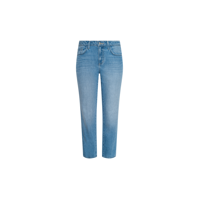 Thalina Cropped Stovepipe Jean in a light blue wash, featuring a classic five-pocket design, straight leg cut, and button waist, displayed against a plain white background.