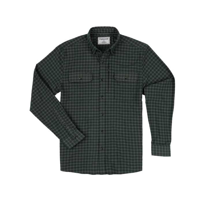 Dark green checkered long-sleeve shirt with button-up front and two chest pockets, The Acadia design.