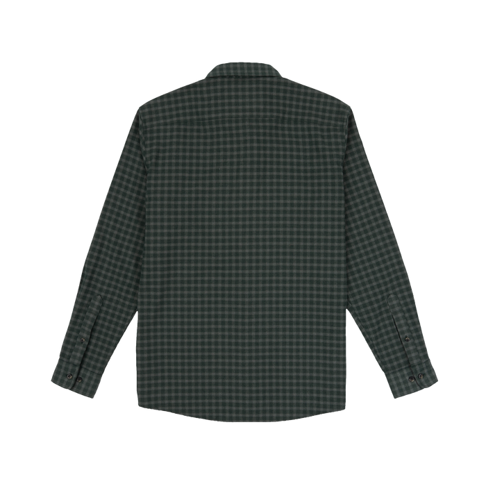 The Acadia shirt shown from the back in a dark green and black checkered pattern, designed for outdoors.