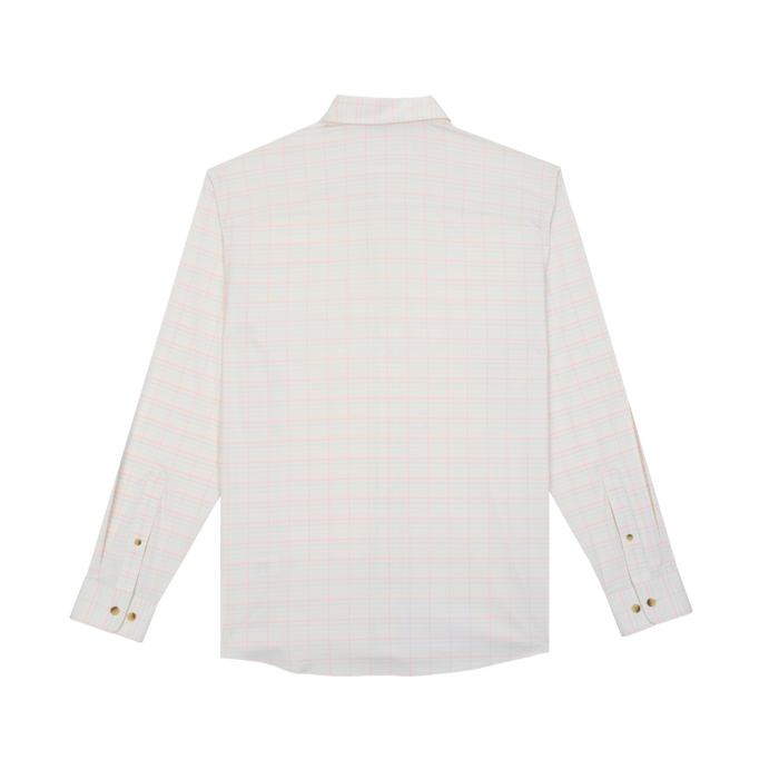 The Apalachicola outdoor shirt in light plaid pattern shown from the back