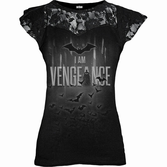 THE BATMAN - I AM VENGEANCE - Lace Layered Cap Sleeve Top Black Spiral USA