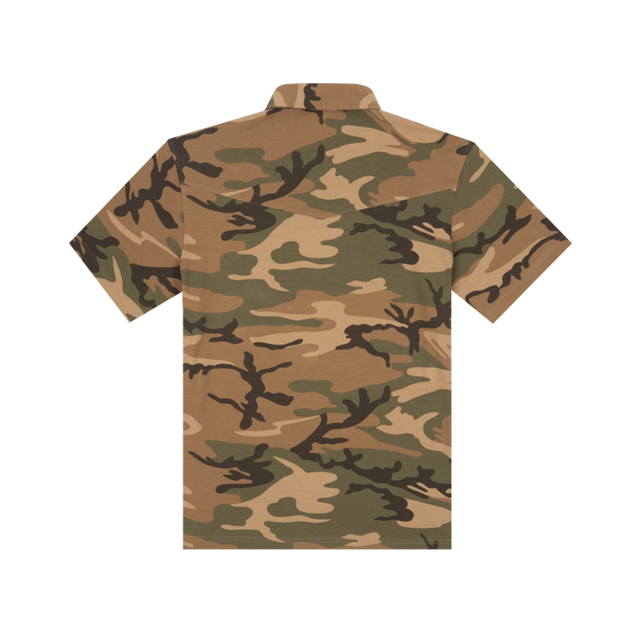 The Bird Bag camouflage collared shirt with short sleeves and a woodland pattern