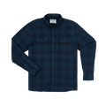 The Blue Goose shirt in a dark blue plaid pattern with buttoned chest pockets and long sleeves.