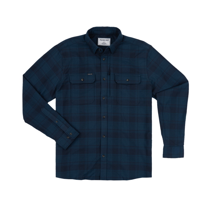 The Blue Goose shirt in a dark blue plaid pattern with buttoned chest pockets and long sleeves.