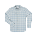 Light blue plaid button-up shirt with long sleeves and chest pockets