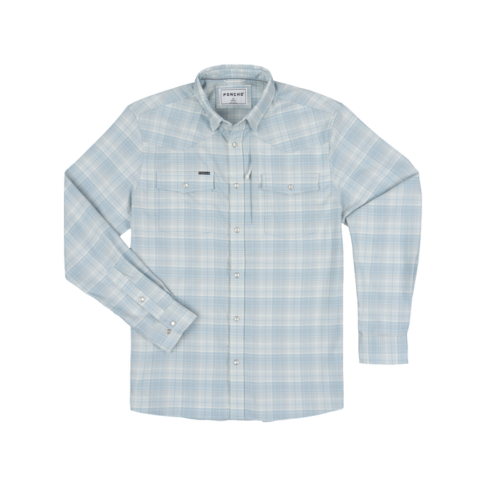 Light blue plaid button-up shirt with long sleeves and chest pockets