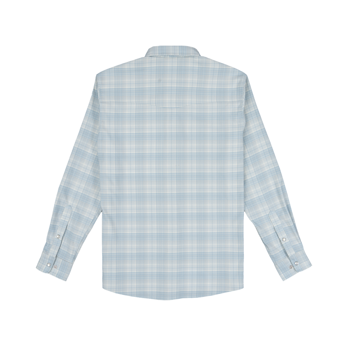 Light blue plaid long-sleeve shirt viewed from the back