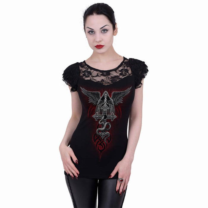 THE DEAD - Lace Layered Cap Sleeve Top Black Spiral USA