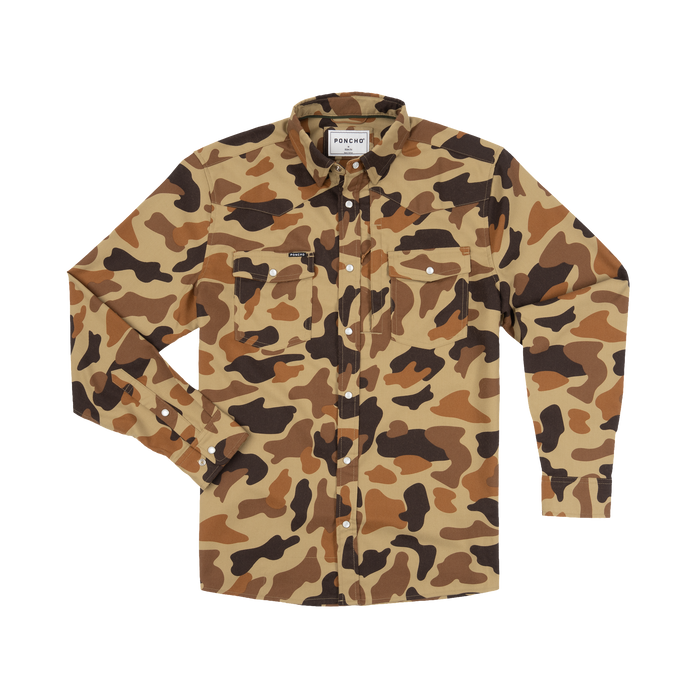 The Delta Cowboy shirt with a rugged brown and tan camouflage pattern, designed for outdoors.