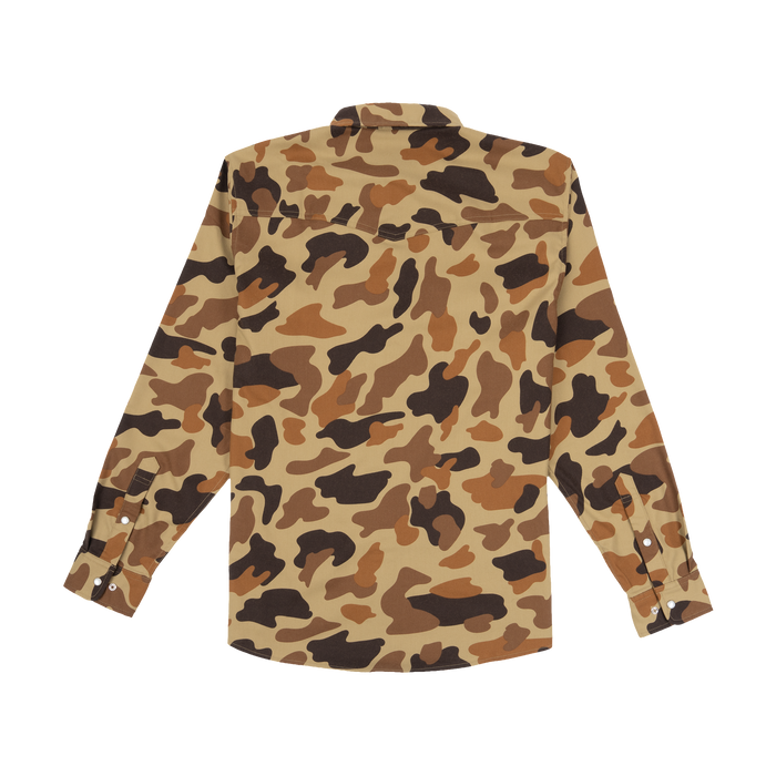 The Delta Cowboy shirt with a brown and tan camouflage pattern, perfect for outdoor adventures.