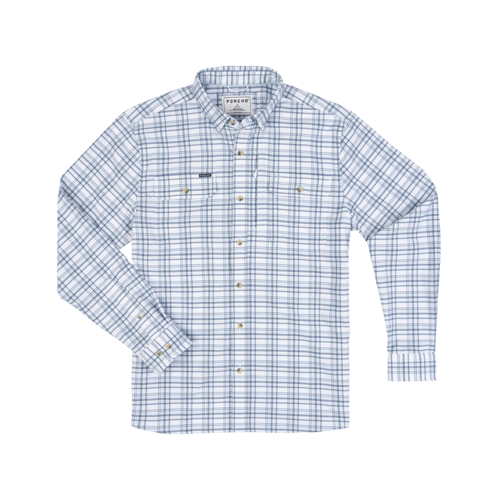 The Fog Horn blue plaid long sleeve shirt with button front and chest pockets