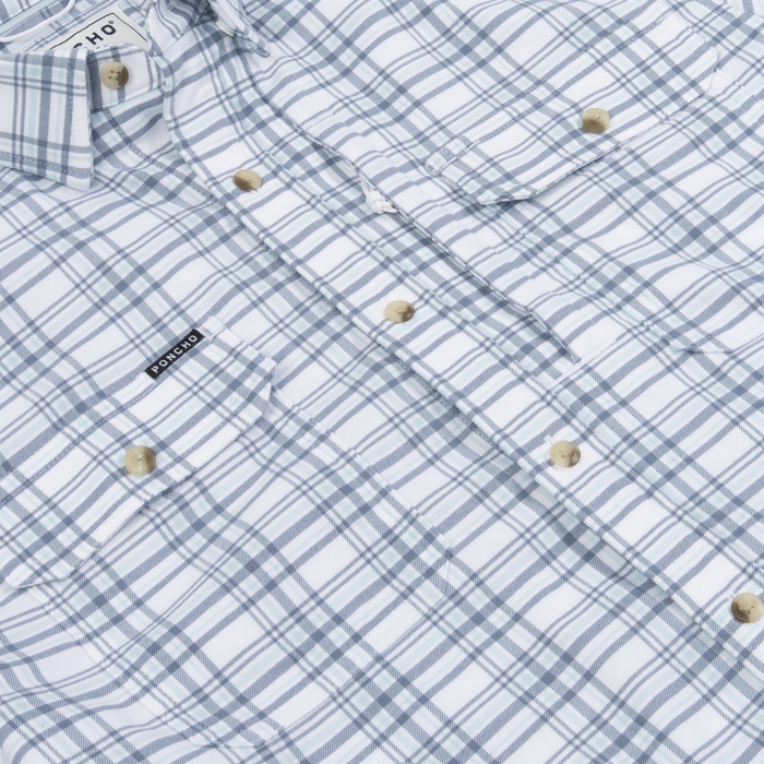 White and gray plaid button-up shirt with wooden buttons, featuring The Fog Horn label detail