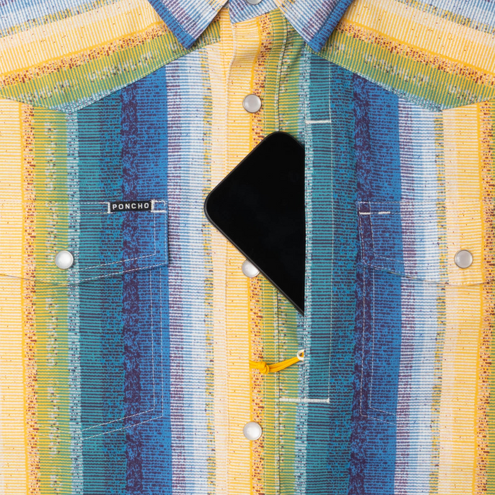 phone in chest zipper pocket of shirt