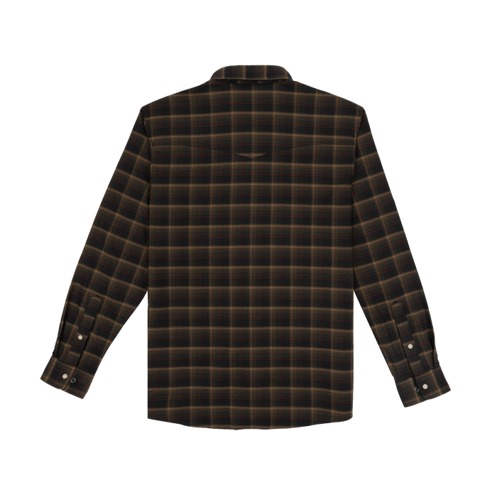 The John Colter brown plaid shirt back view with long sleeves and button cuffs